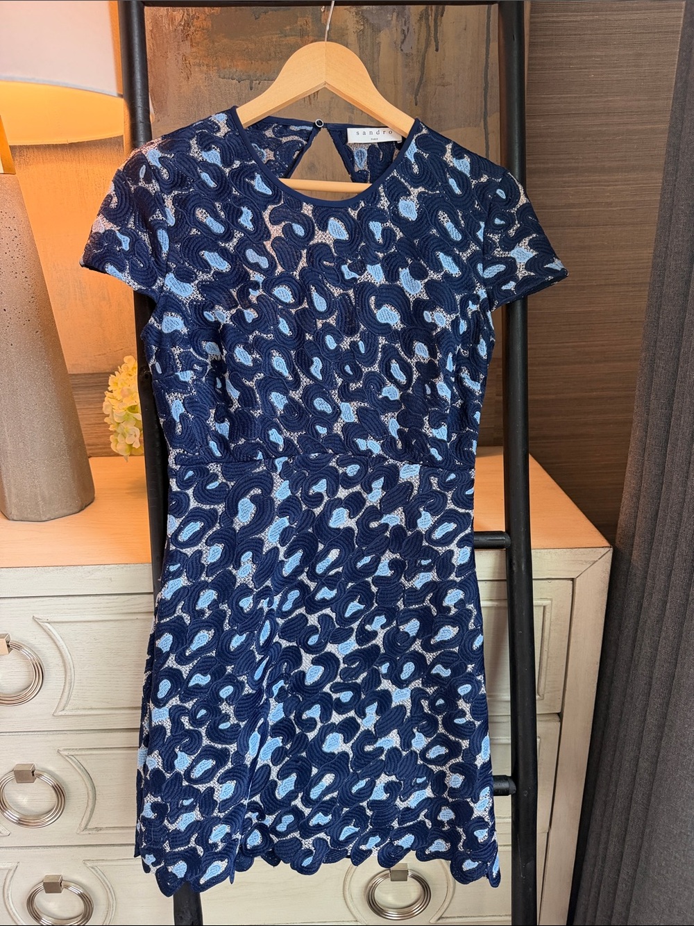 Sandro Navy and Light Blue Lace-Overlay Mini Dress